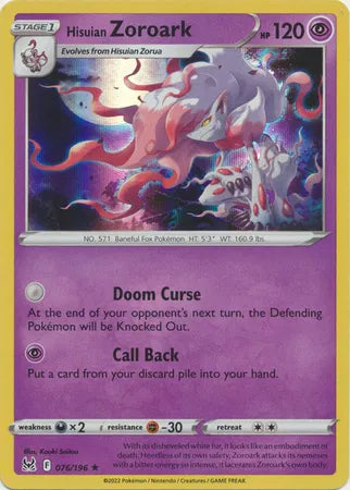Hisuian Zoroark Lost Origin Holo Rare 076/196 Reverse Holofoil