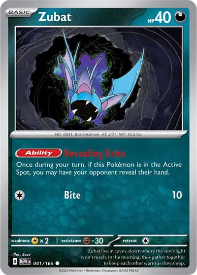 Zubat Pokemon • Common • 041/165 SV: 151 Reverse Holofoil