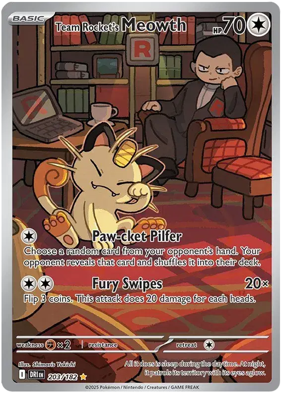 Team Rocket's Meowth Illustration Rare • 203/182 Destined Rivals