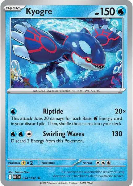 Kyogre Rare • 034/132 Mega Evolution Reverse Holofoil